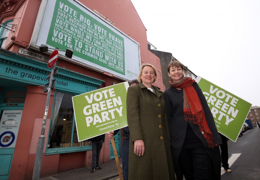 Green Party leader Natalie Bennett (left) with Brighton Pavilion parliamentary candidate Caroline Lucas during the launch of the Green Party billboard campaign in Brighton. ... General Election 2015 campaign - April 13th ... 13-04-2015 ... Brighton ... UK ... Photo credit should read: Steve Parsons/Unique Reference No. 22712046 ... Picture date: Monday April 13, 2015. See PA story ELECTION Greens. Photo credit should read: Steve Parsons/PA Wire
